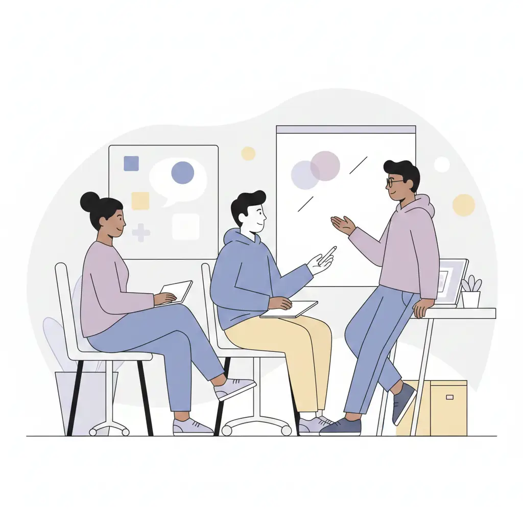 Illustration représentant un petit groupe de profils tech échangeant sereinement dans un espace respectueux et bienveillant.