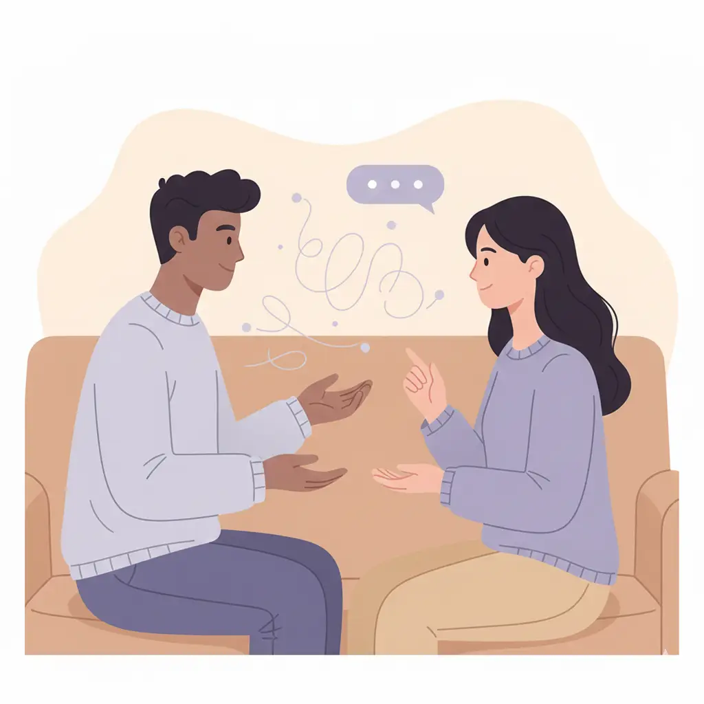 Illustration montrant une conversation calme et attentive entre deux personnes, évoquant un échange oral autour de sujets technologiques.