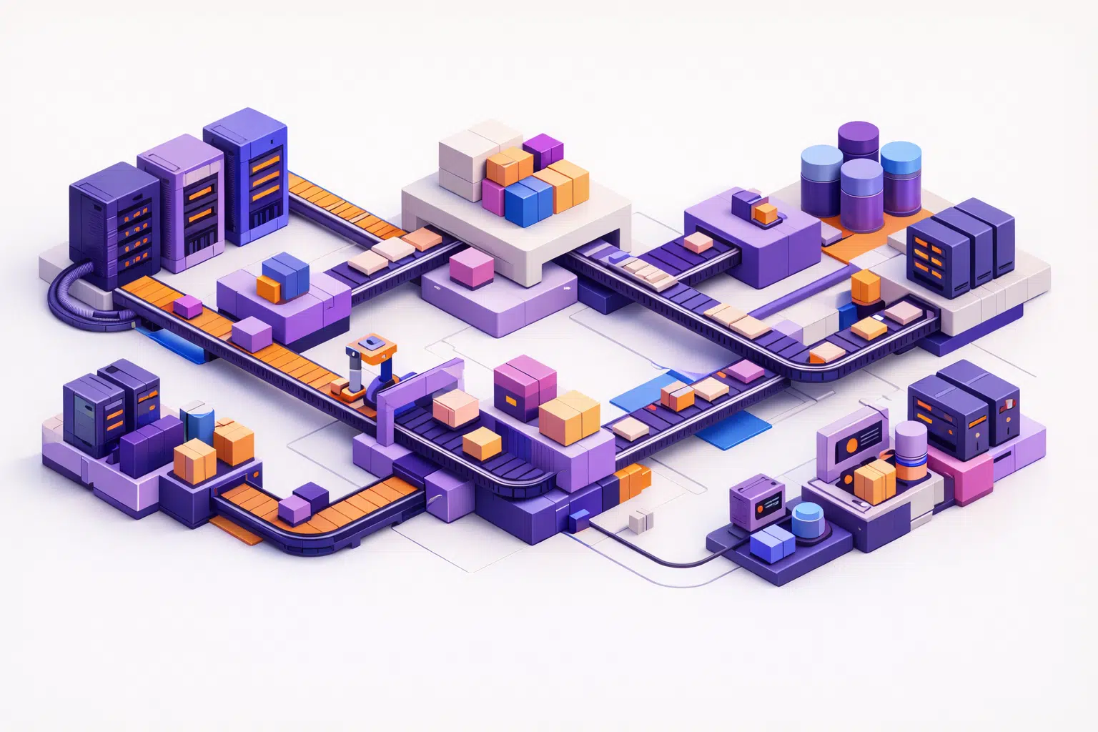 Illustration éditoriale représentant le Product & Delivery chez Amazon, avec un système industriel à grande échelle, structuré et automatisé, symbolisant l’ownership, la discipline et la fiabilité, dans les couleurs d’Altruisme.dev.