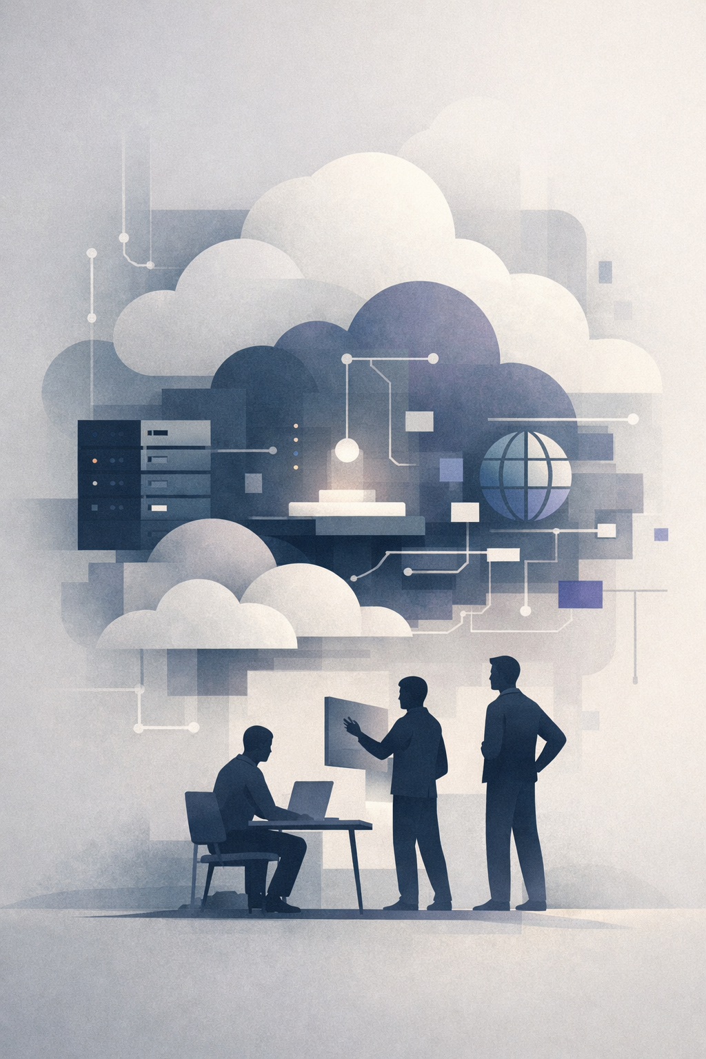 Illustration abstraite mettant en scène la présence humaine derrière des systèmes Cloud complexes, exprimant responsabilité, expertise et équilibre entre rigueur technique et approche humaine.