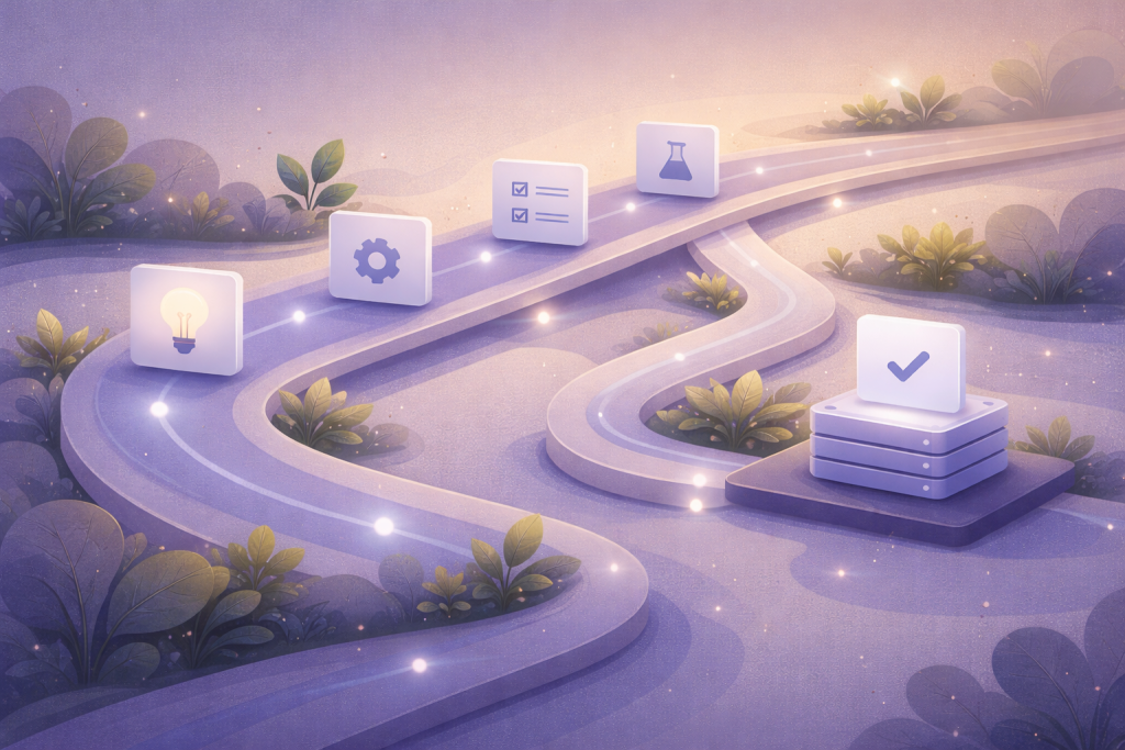 Illustration abstraite d’un flux de travail équilibré et apaisé, avec des espaces entre les tâches, symbolisant un delivery soutenable et respectueux des équipes.