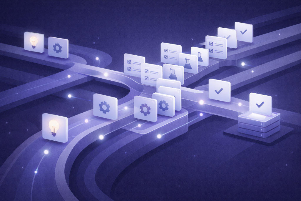 Illustration minimaliste représentant un flux de travail logiciel continu, avec des éléments se déplaçant de façon régulière le long d’un parcours clair et maîtrisé.