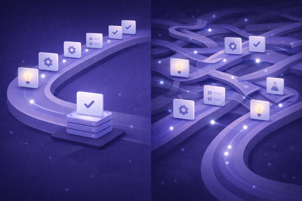 Illustration comparative montrant à gauche un flux de travail surchargé et chaotique, et à droite un flux simplifié avec peu d’éléments avançant de manière fluide.