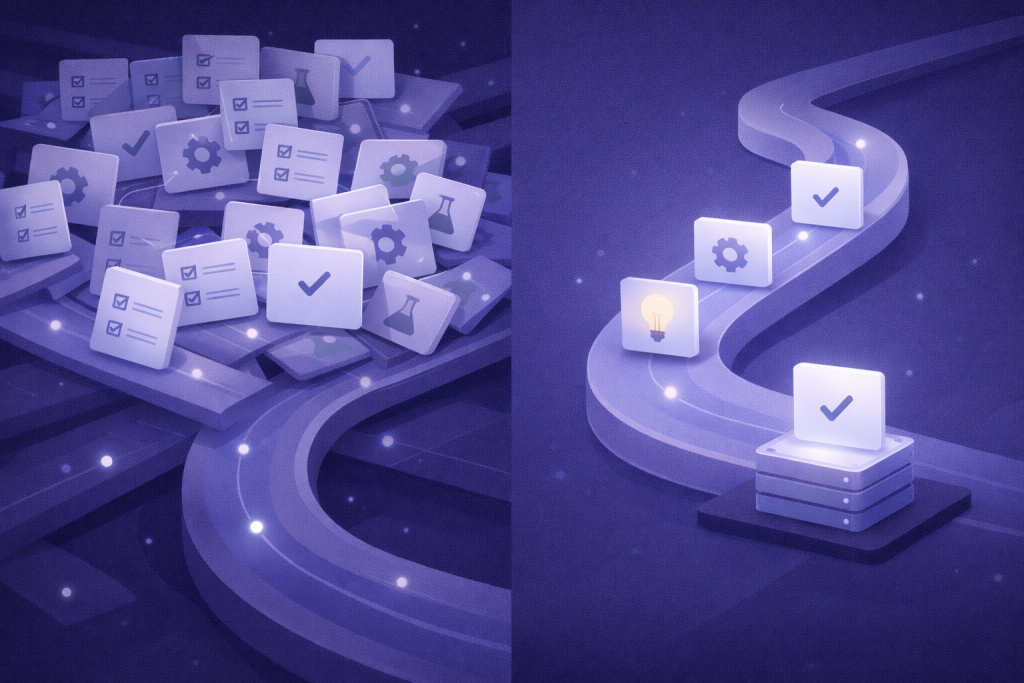 Illustration abstraite d’un workflow inspiré du Kanban, montrant des cartes de travail circulant entre différentes étapes, avec des zones de congestion visibles.