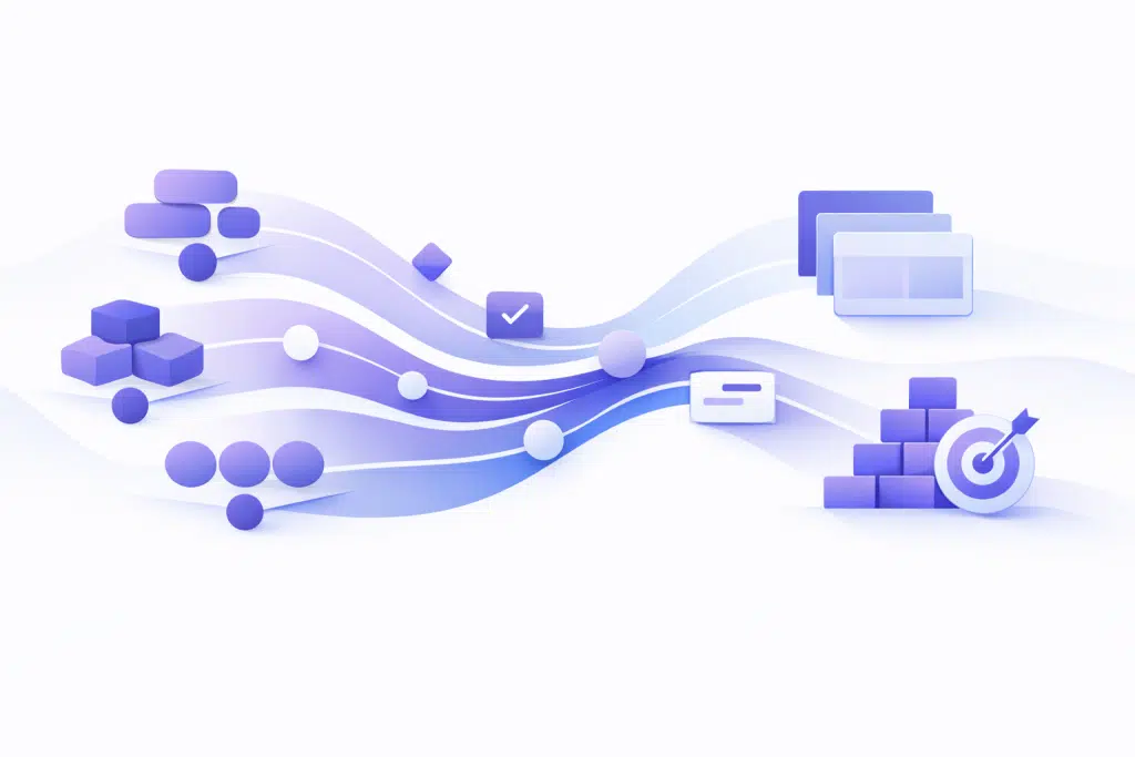 Illustration éditoriale représentant une organisation Product & Delivery moderne inspirée de Spotify, avec des équipes autonomes et alignées, un flux de travail fluide et une approche orientée apprentissage.